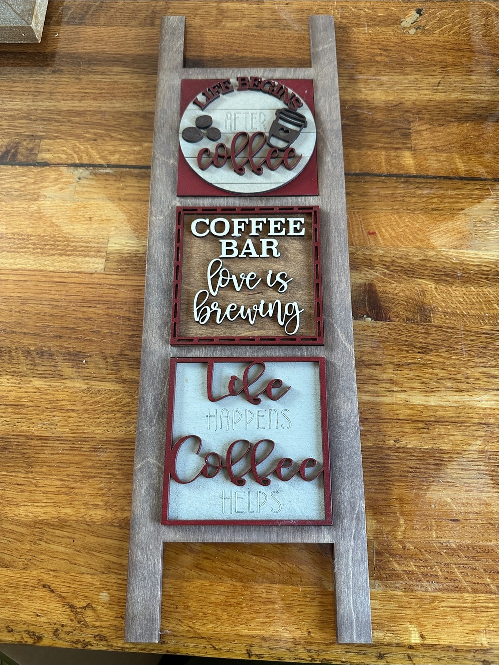 Coffee Bar Wall Plaque - Red and Brown Farmhouse Sign
